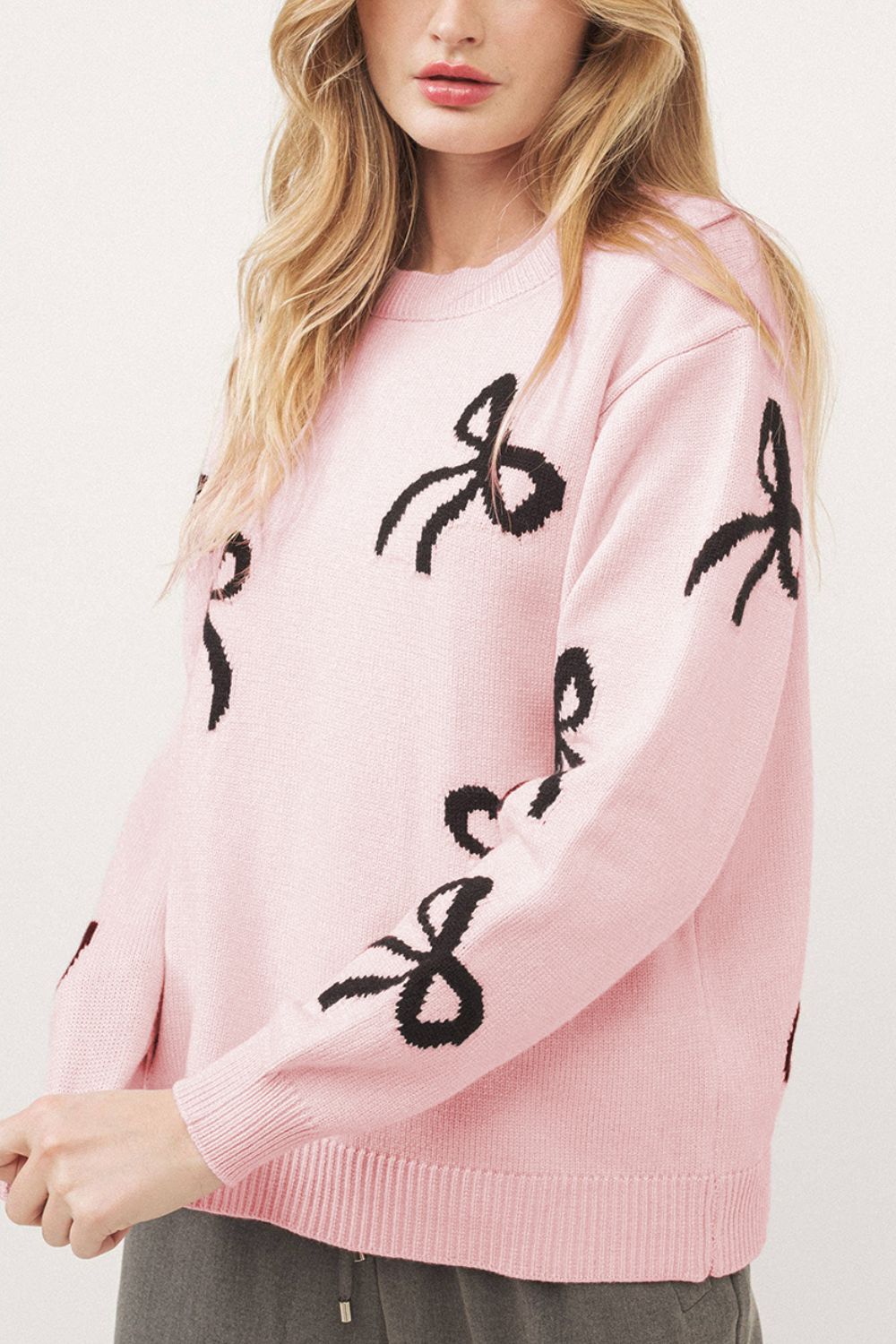 Bow Pattern Round Neck Loose Fit Sweater-Angel Casuals