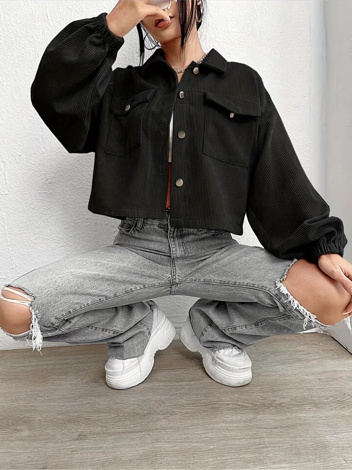 Collared Neck Dropped Shoulder Jacket-Angel Casuals
