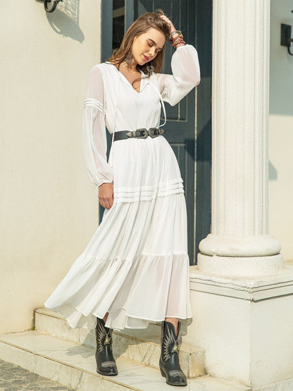 Tie Neck Long Sleeve Midi Tiered Dress-Angel Casuals