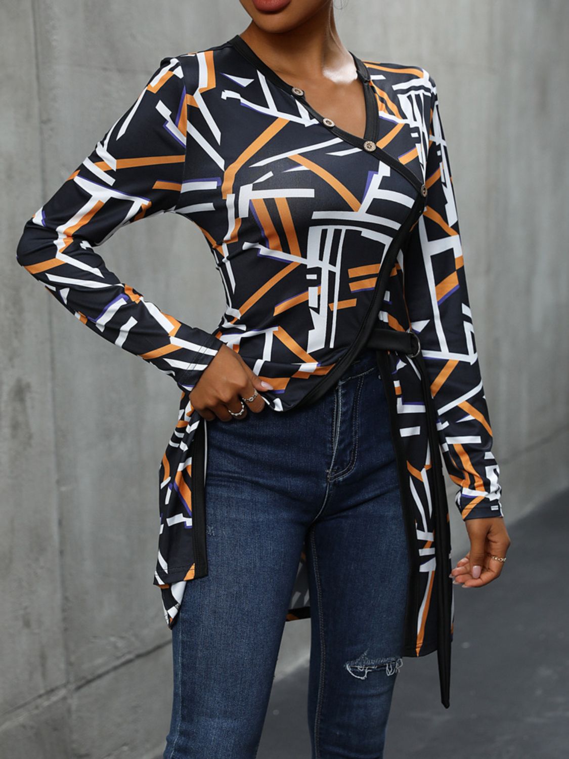 Perfee Geometric Surplice Long Sleeve T-Shirt-Angel Casuals
