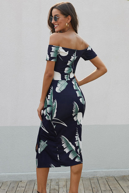 Printed Off-Shoulder Split Dress-Angel Casuals