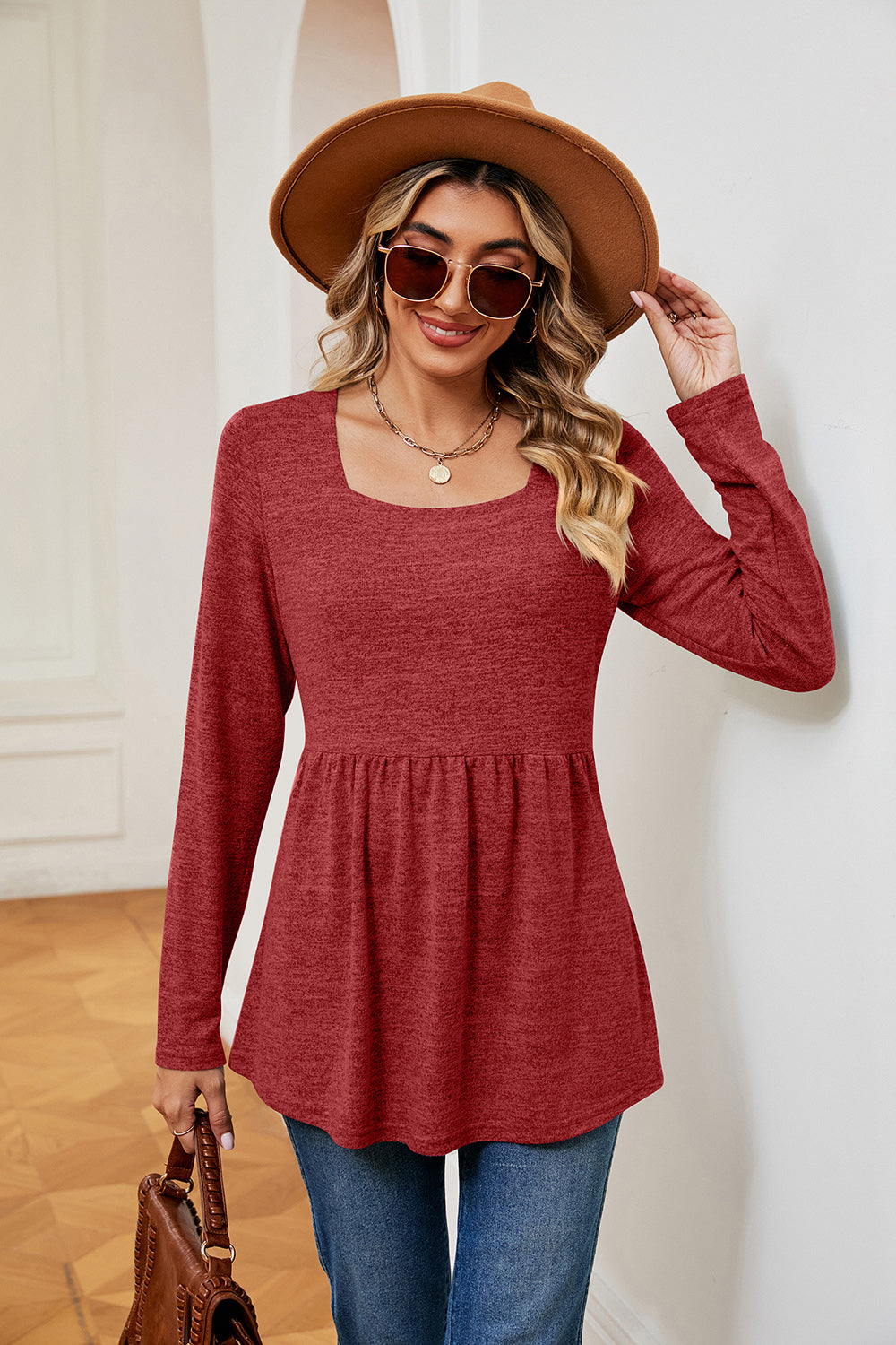 Square Neck Long Sleeve Peplum Top-Angel Casuals