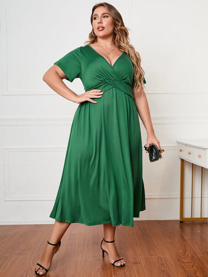 Plus Size Short Sleeve Surplice Neck Midi Dress-Angel Casuals