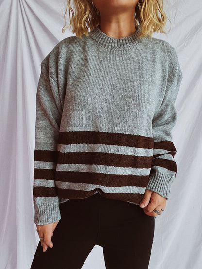 Striped Dropped Shoulder Long Sleeve Sweater-Angel Casuals