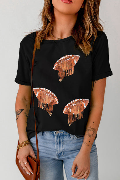 Sequin Football Round Neck Short Sleeve T-Shirt-Angel Casuals