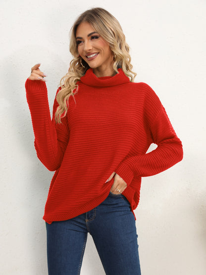 Slit Turtleneck Dropped Shoulder Sweater-Angel Casuals