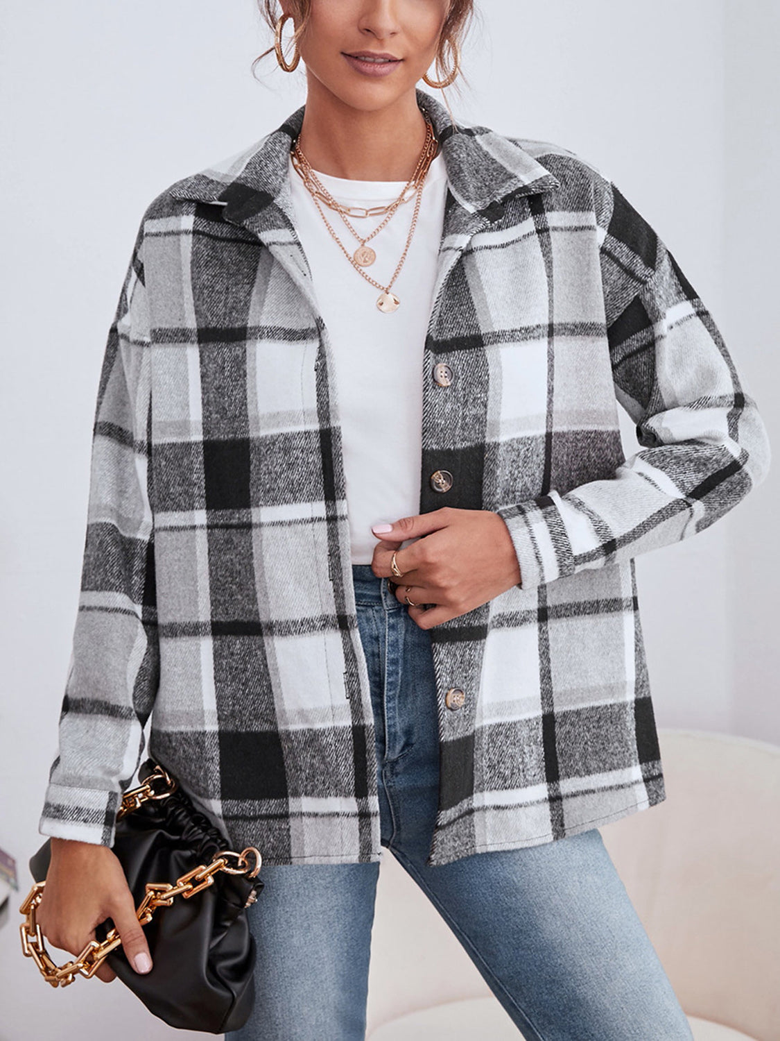 Plaid Collared Neck Button Down Jacket-Angel Casuals