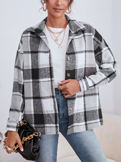 Plaid Collared Neck Button Down Jacket-Angel Casuals