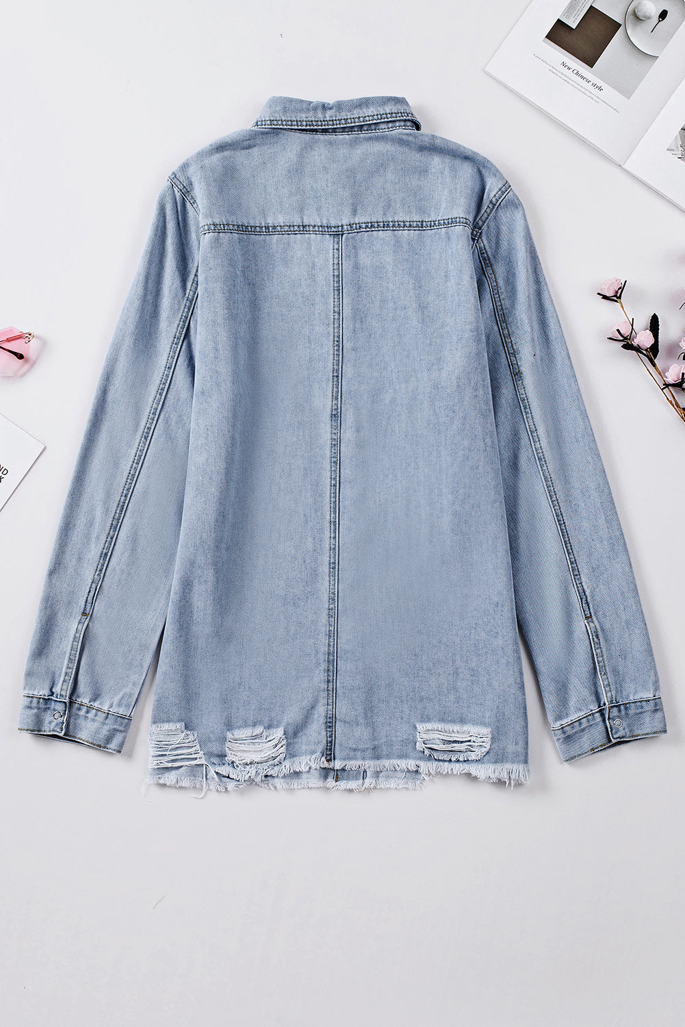 Distressed Snap Down Denim Jacket-Angel Casuals