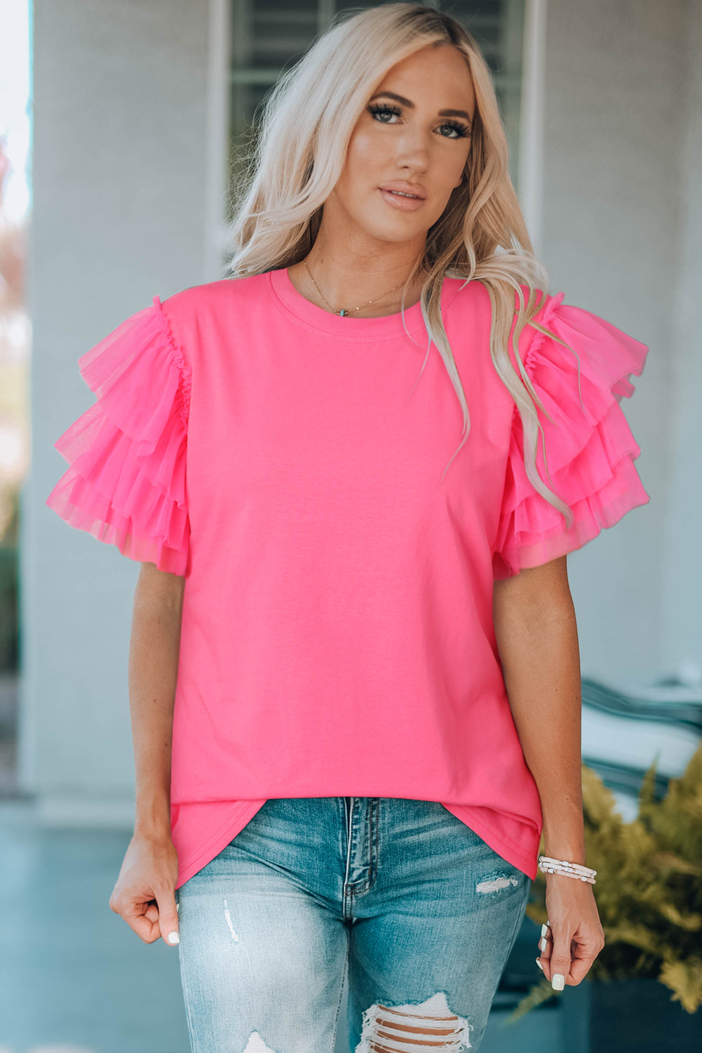 Layered Mesh Sleeve Round Neck Tee-Angel Casuals