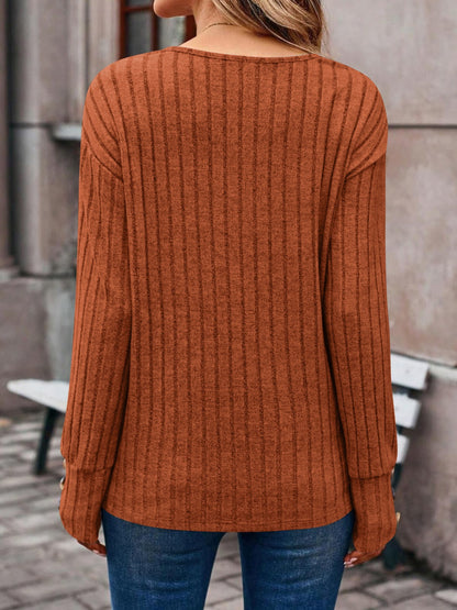 Decorative Button V-Neck Long Sleeve T-Shirt-Angel Casuals