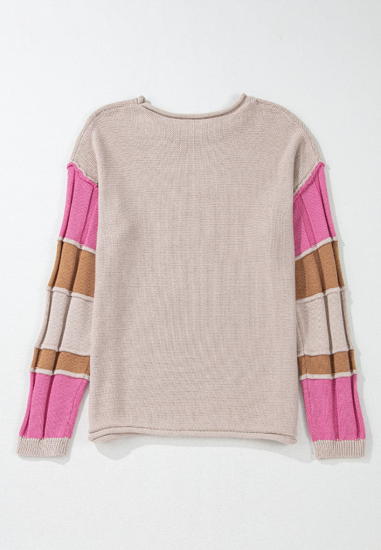 Color Block Round Neck Long Sleeve Sweater-Angel Casuals