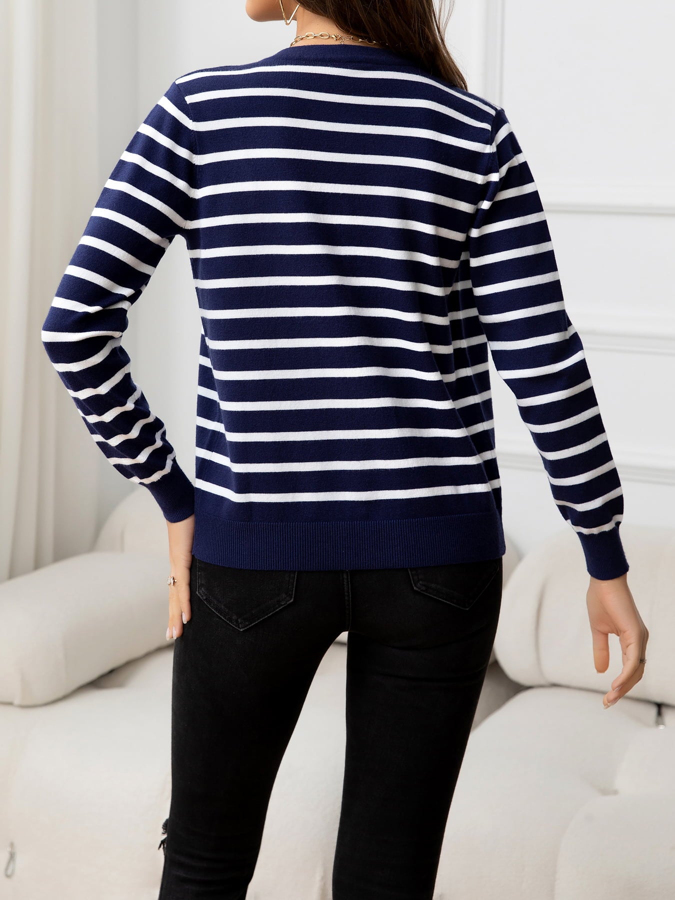 Striped Round Neck Long Sleeve Buttoned Knit Top-Angel Casuals