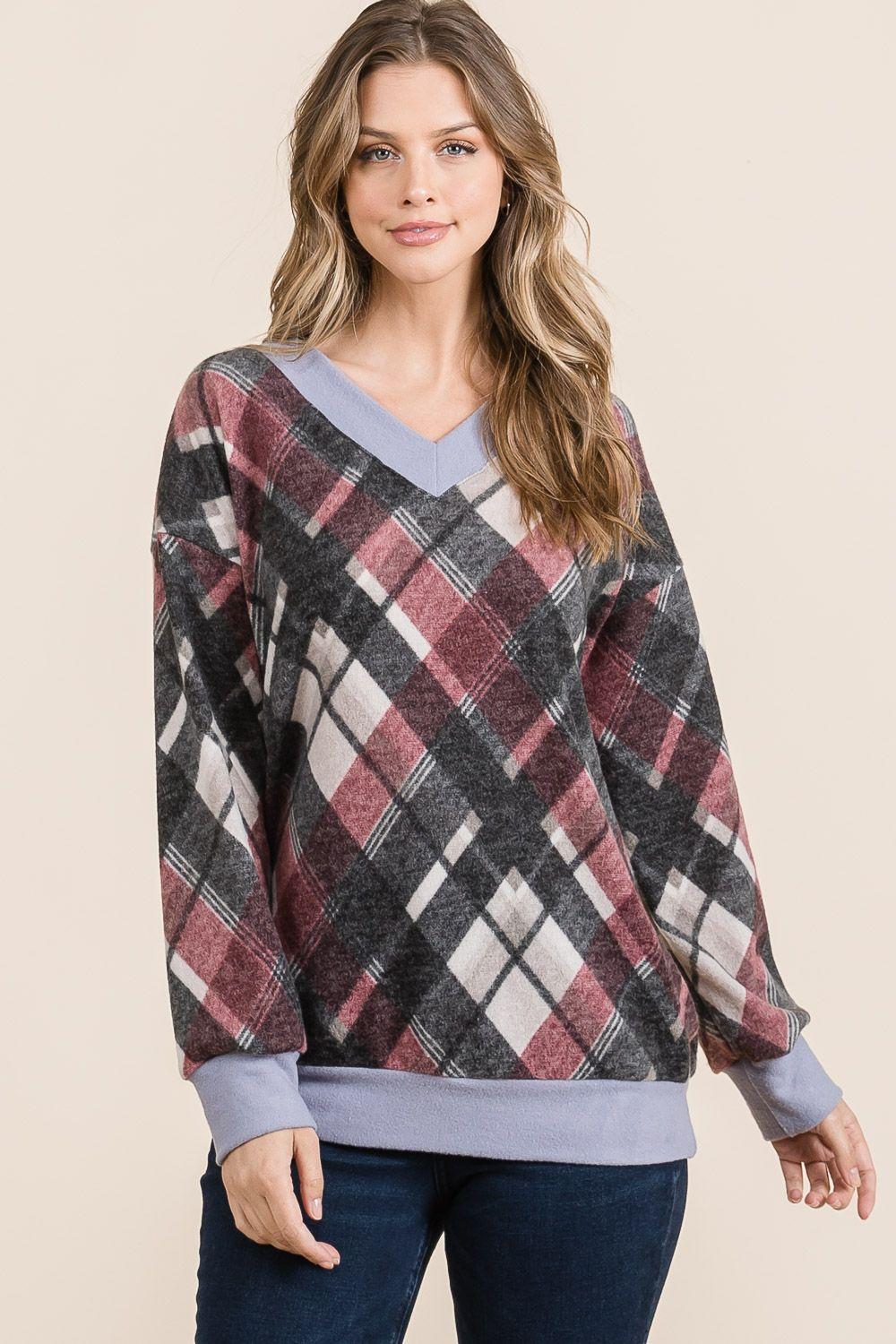 Celeste Plaid V-Neck Long Sleeve T-Shirt-Angel Casuals