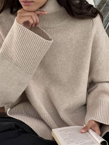 Side Slit Turtleneck Drop Shoulder Sweater-Angel Casuals