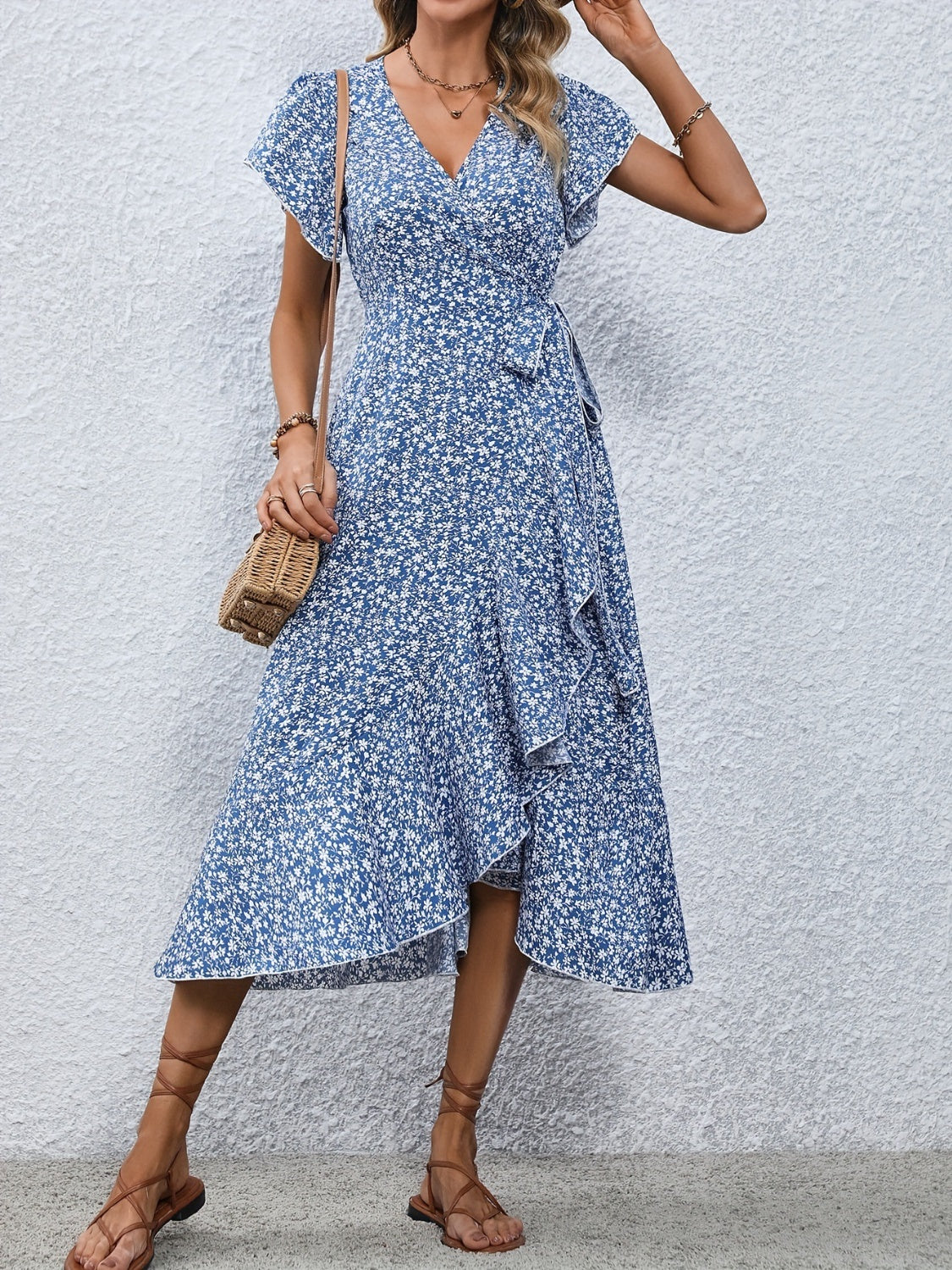 Printed Surplice Flutter Sleeve Midi Dress-Angel Casuals