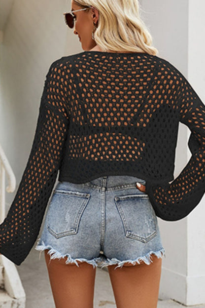 Openwork Round Neck Dropped Shoulder Knit Top-Angel Casuals