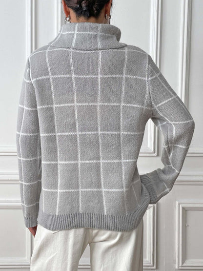 Heart Plaid Turtleneck Long Sleeve Sweater-Angel Casuals