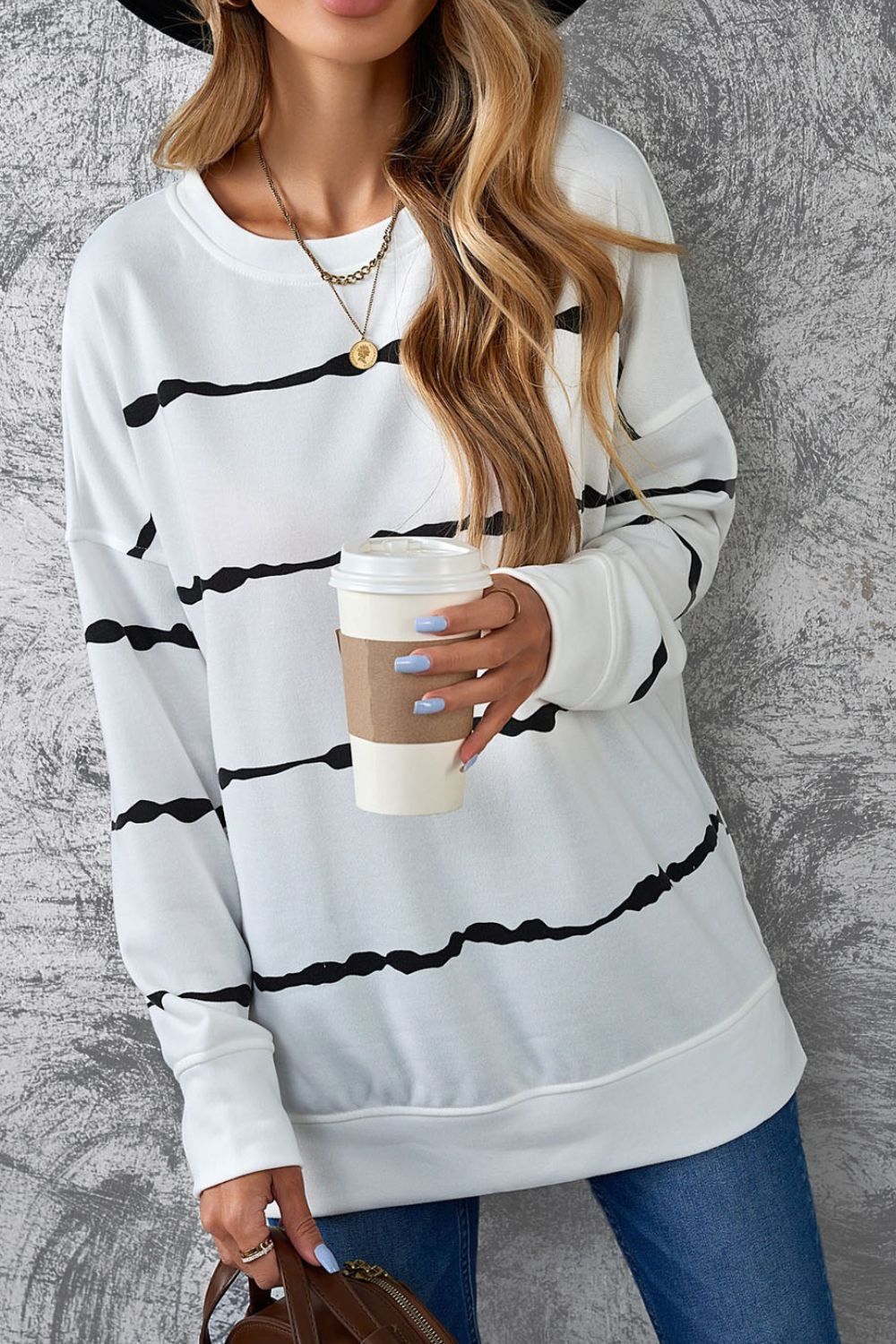 Slit Contrast Striped Round Neck Long Sleeve T-Shirt-Angel Casuals