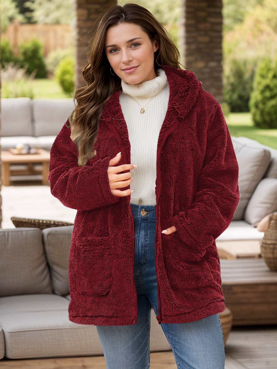 Plus Size Zip Up Long Sleeve Hooded Outerwear-Angel Casuals