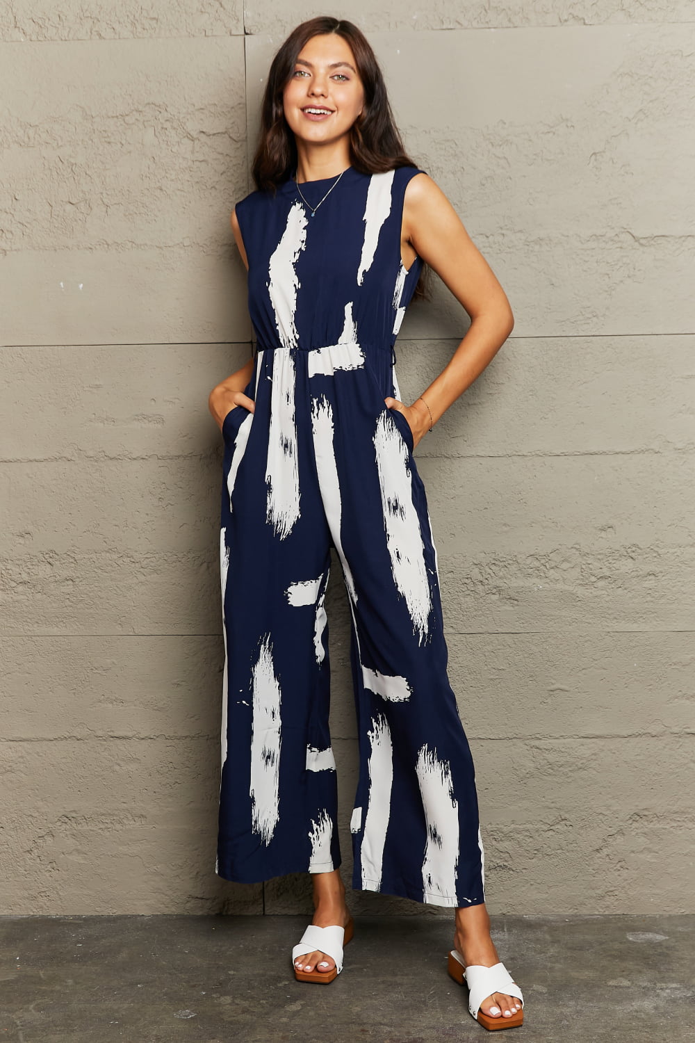 Printed Round Neck Cutout Jumpsuit with Pockets-Angel Casuals