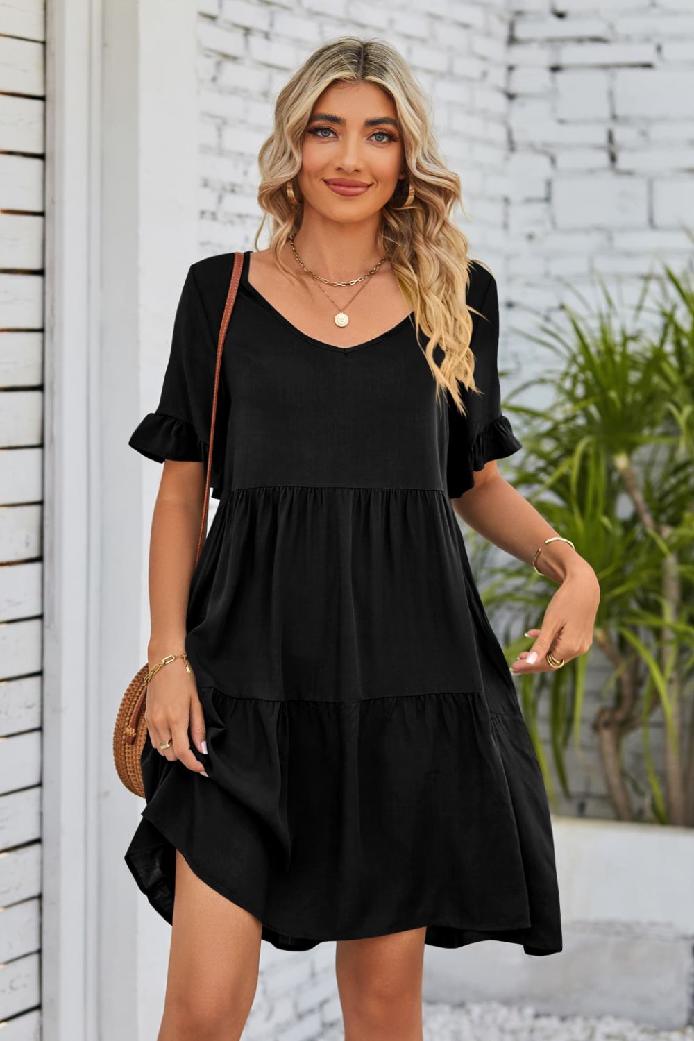 V-Neck Flounce Sleeve Tiered Dress-Angel Casuals