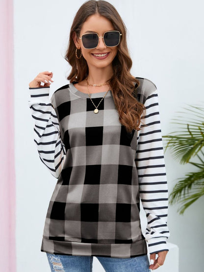 Plaid Striped Round Neck Long Sleeve T-Shirt-Angel Casuals