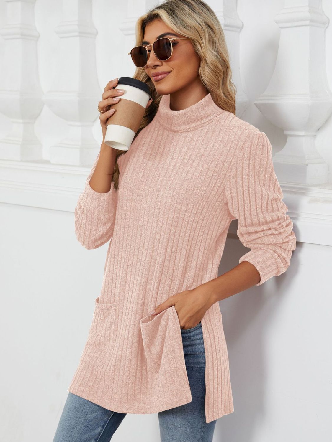 Slit Mock Neck Long Sleeve T-Shirt-Angel Casuals