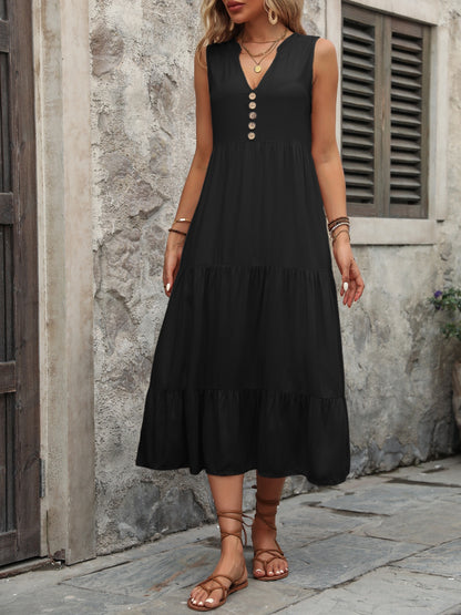 Decorative Button Notched Sleeveless Dress-Angel Casuals