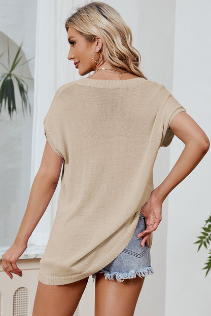 Color Block V-Neck Short Sleeve Knit Top-Angel Casuals