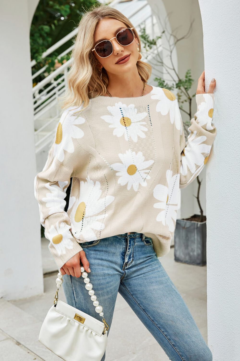 Angel Wings Daisy Print Openwork Round Neck Sweater-Angel Casuals