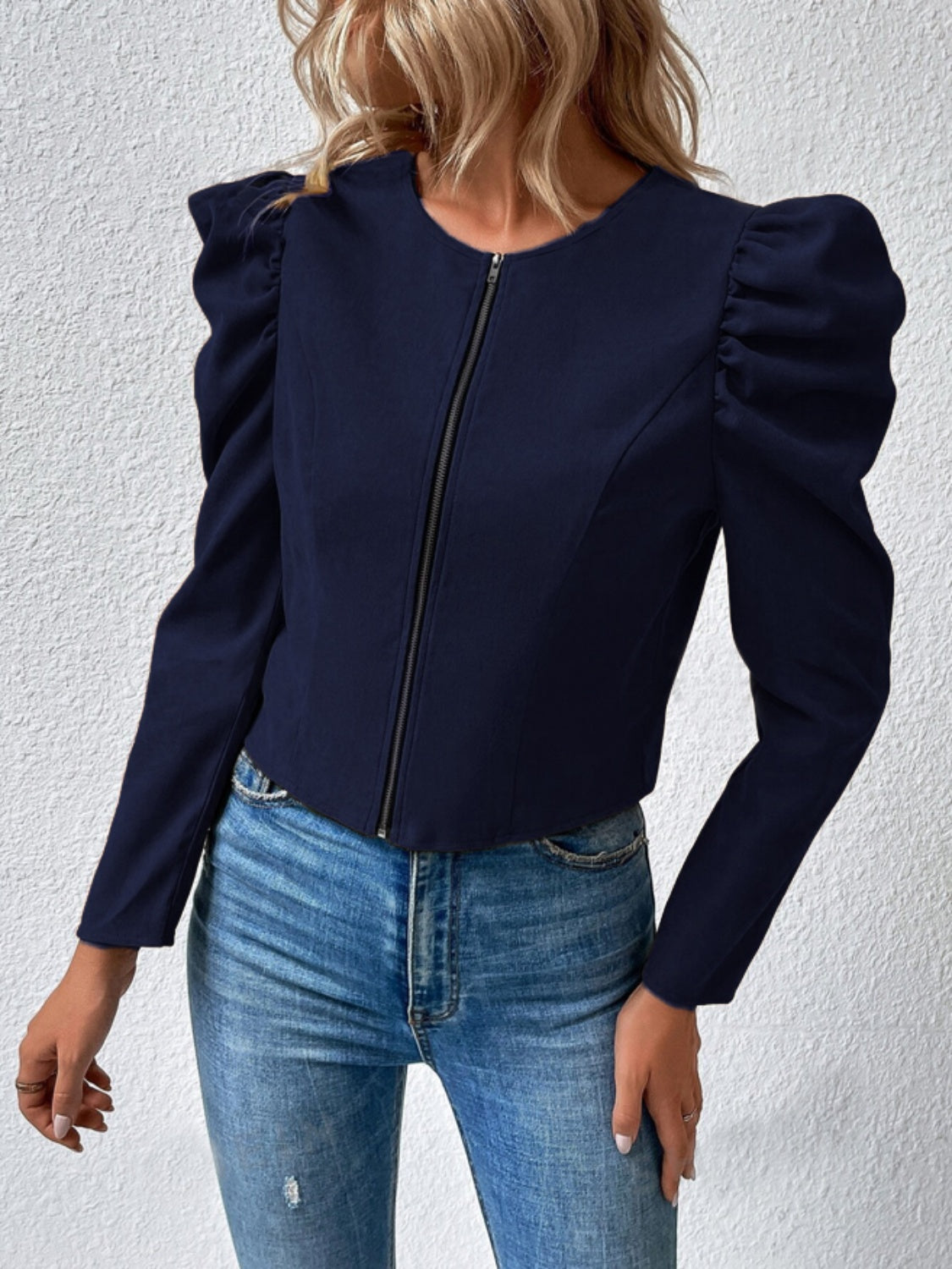 Zip Up Puff Sleeve Jacket-Angel Casuals