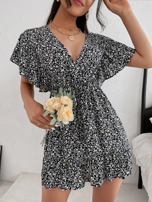 Cutout Ditsy Floral Surplice Flounce Sleeve Dress-Angel Casuals