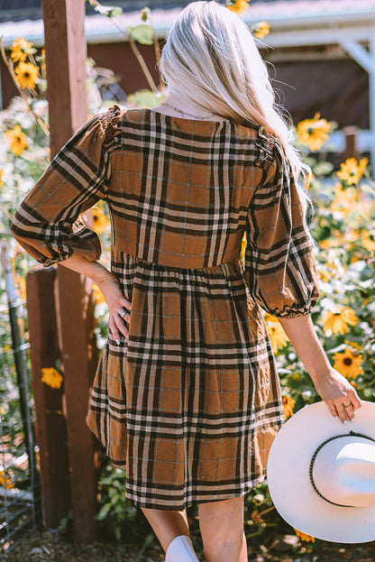 Plaid V-Neck Balloon Sleeve Dress-Angel Casuals