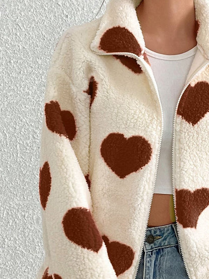 Heart Zip Up Drop Shoulder Furry Jacket-Angel Casuals