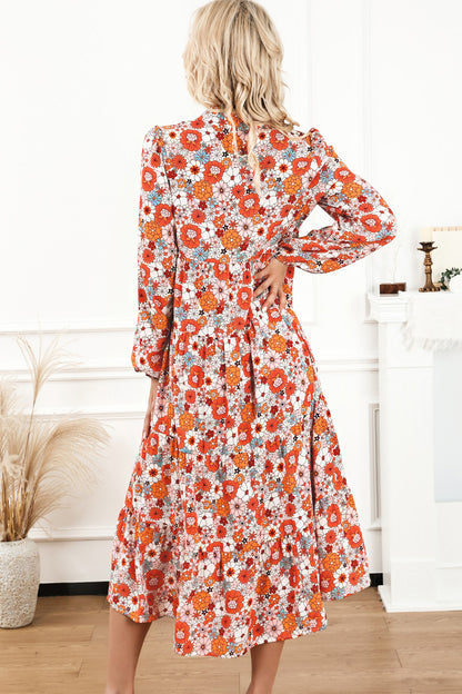 Floral Notched Neck Long Sleeve Dress-Angel Casuals