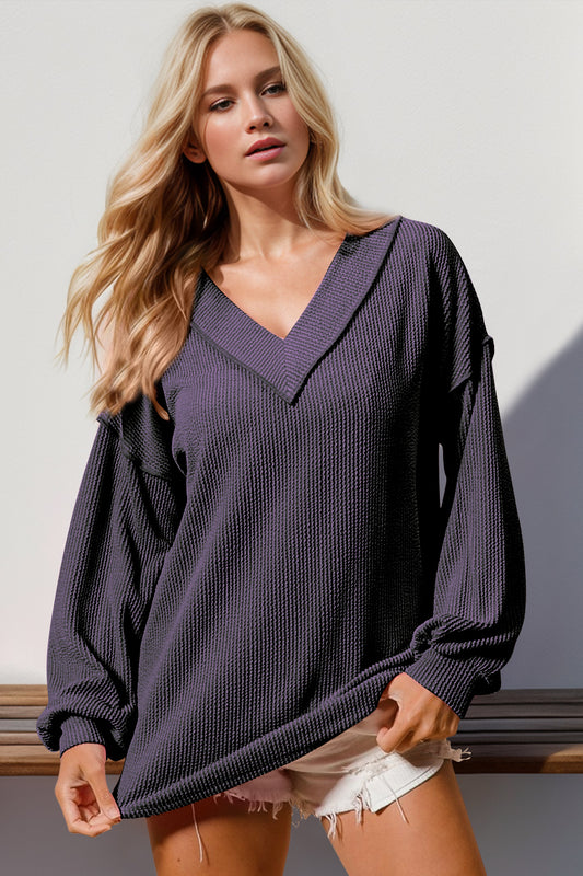 Double Take Exposed Seam Ribbed Textured V-Neck Long Sleeve T-Shirt-Angel Casuals