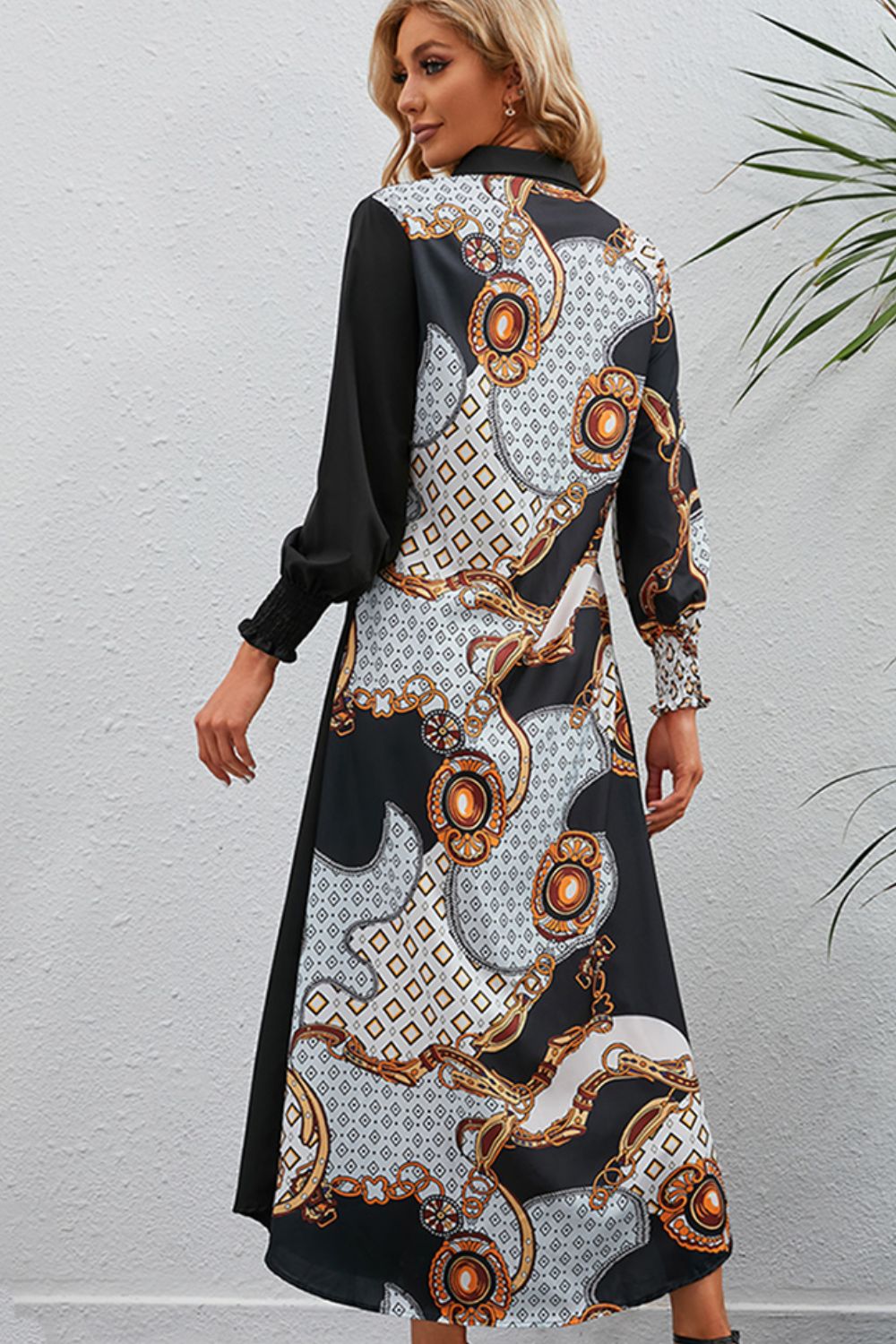 Printed Long Sleeve Collared Dress-Angel Casuals