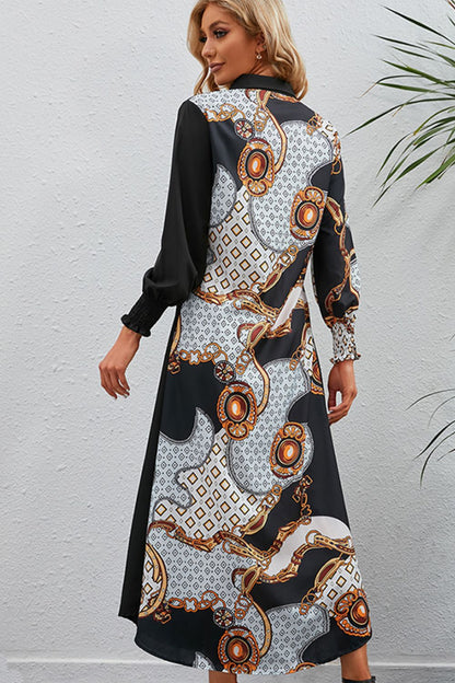 Printed Long Sleeve Collared Dress-Angel Casuals