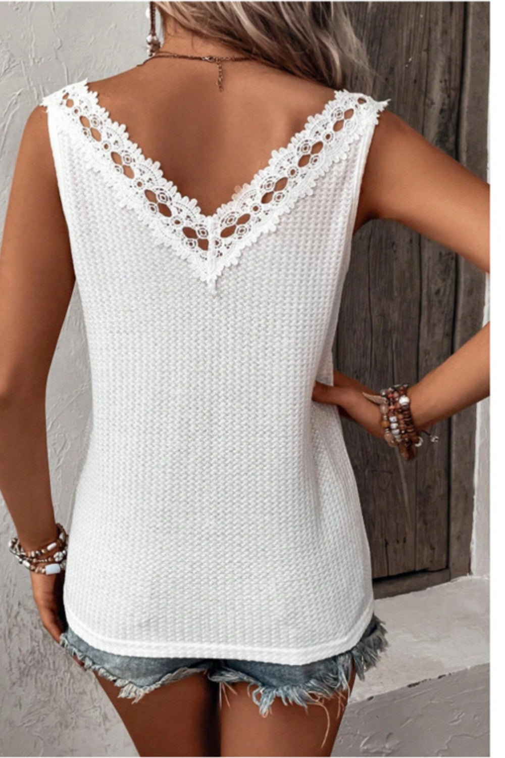 Lace Detail Textured V-Neck Tank-Angel Casuals