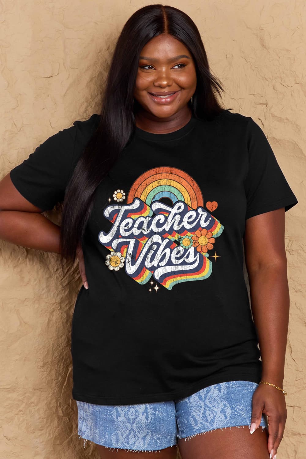 Simply Love Full Size TEACHER VIBES Graphic Cotton T-Shirt-Angel Casuals