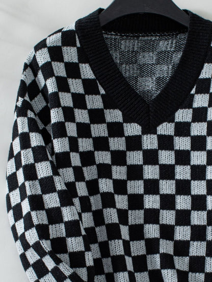 Checkered V-Neck Dropped Shoulder Sweater-Angel Casuals