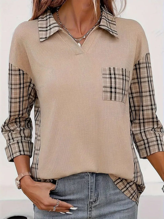Plaid Johhny Collar Three-Quarter Sleeve T-Shirt-Angel Casuals