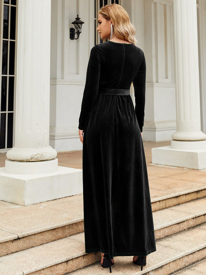 Tie Front Round Neck Long Sleeve Maxi Dress-Angel Casuals