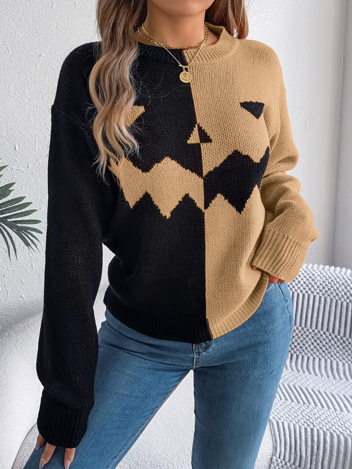 Contrast Round Neck Long Sleeve Sweater-Angel Casuals