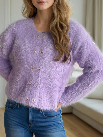 Heart Button Round Neck Cardigan-Angel Casuals