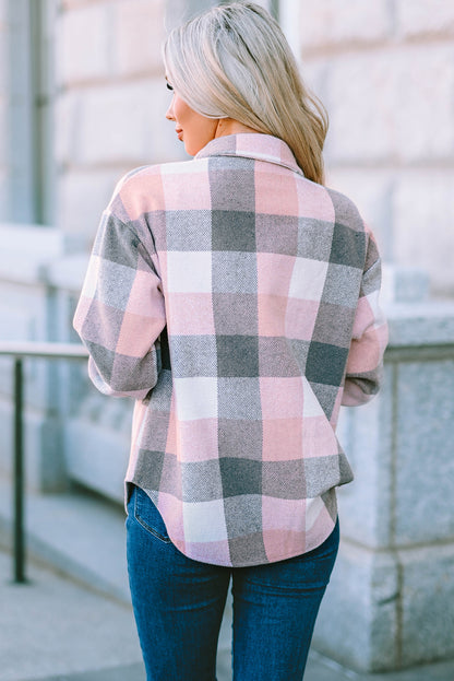 Plaid Button Up Dropped Shoulder Jacket-Angel Casuals