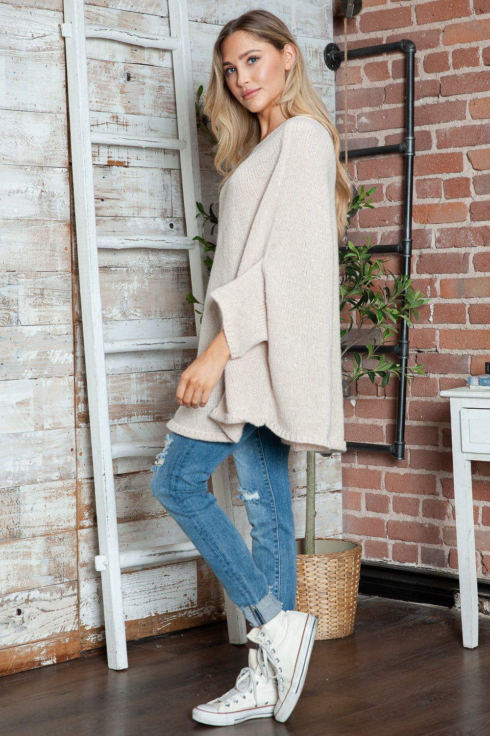 Round Neck Batwing Sleeve Sweater-Angel Casuals