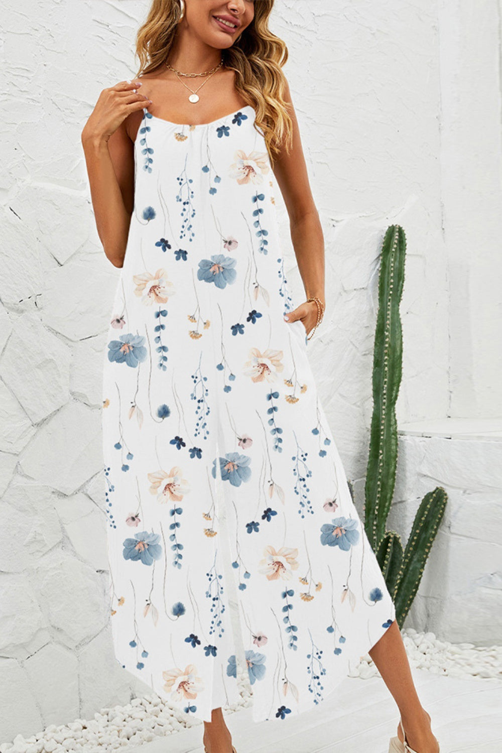 Printed Scoop Neck Wide Leg Jumpsuit-Angel Casuals