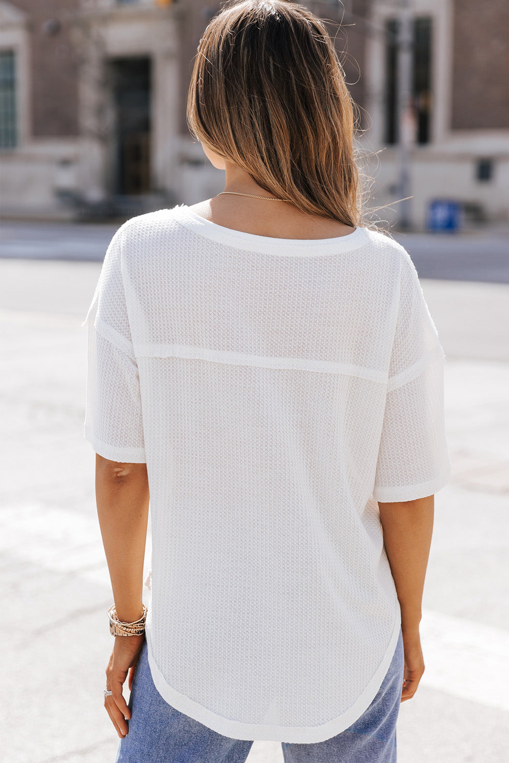 Waffle-Knit V-Neck Dropped Shoulder Blouse-Angel Casuals